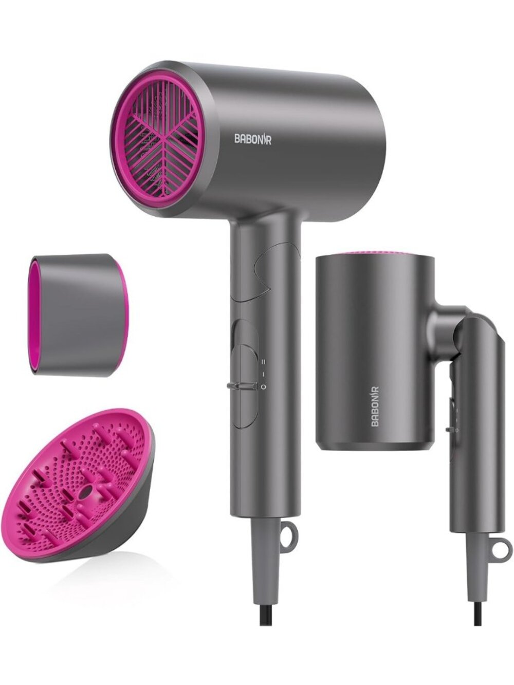 Powerful 1875W Ionic Hair Dryer with Diffuser, Foldable, Fast Drying for All